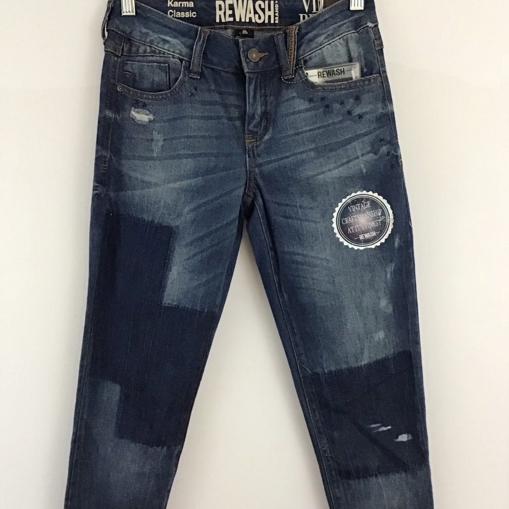 REWASH VINTAGE PATCH FRONT RAW HEM JEANS